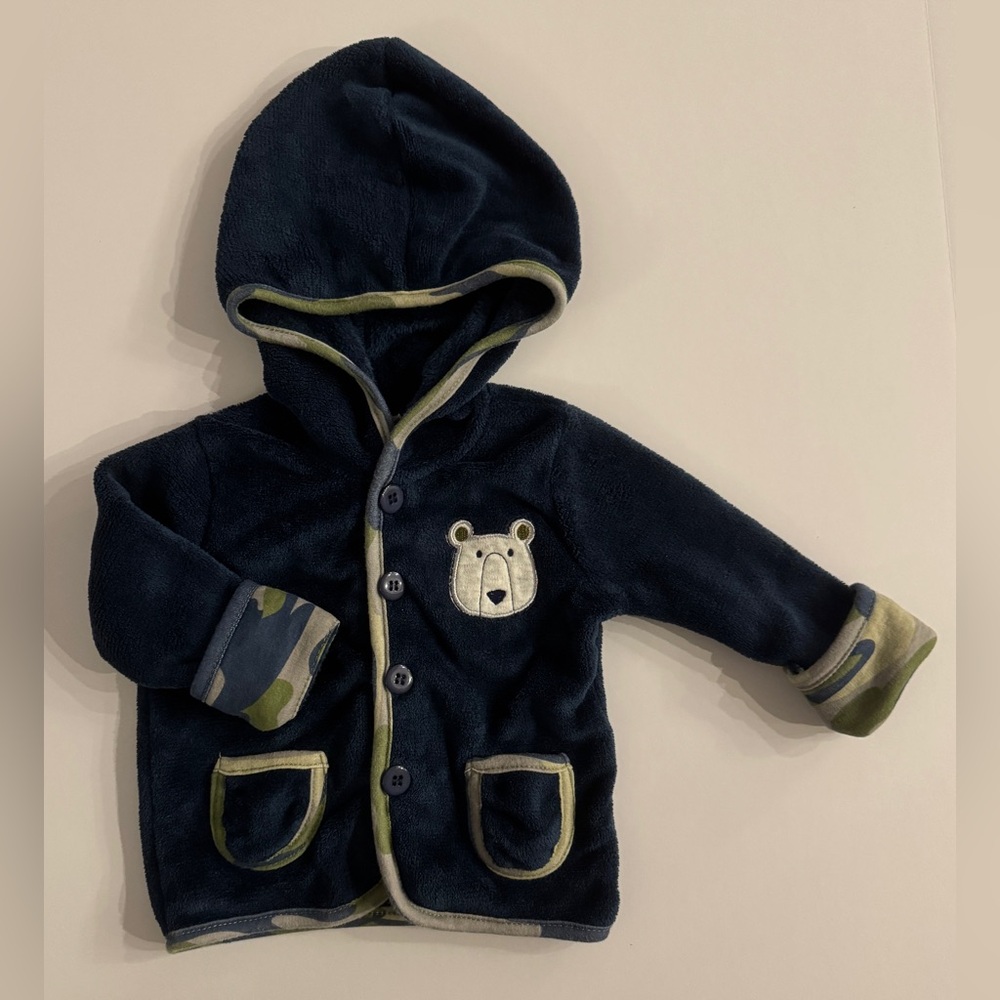 CJP Baby Navy Bear Fleece Buttoned Hoodie 6-9M EUC